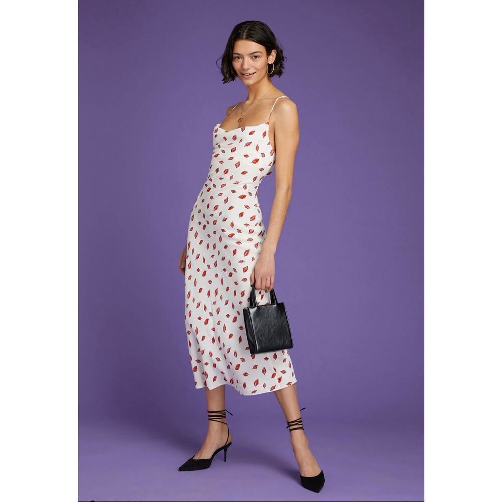 OMNES Riviera Lip-Print Recycled-Polyester Midi Dress White, Red Size 10